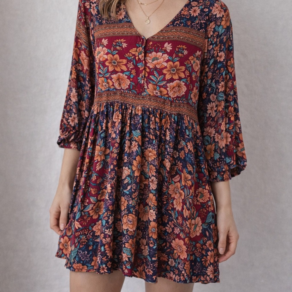 Floral Boho Babydoll mini dress NWT Size S Tunic with Tassel Tie